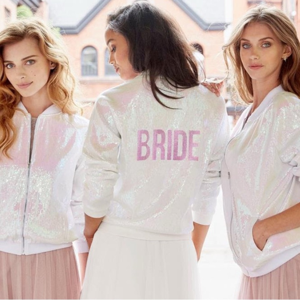 Hayley Paige Full Zip Sequin “Bride” Bomber Jacket‎ Women’s Size Small
